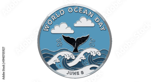 World Ocean Day emblem with whale tail and waves on June 8.