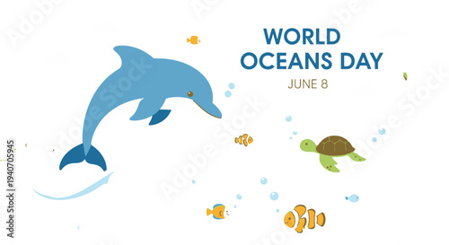 World Oceans Day celebration with marine life illustrations.