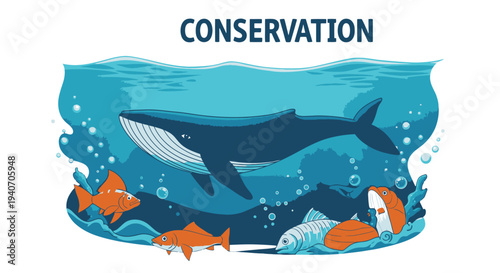 Underwater Conservation Scene with Whale and Fish.