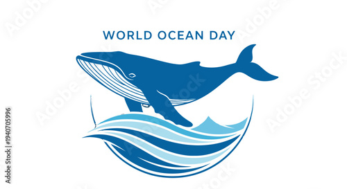 World Ocean Day illustration with whale and waves.