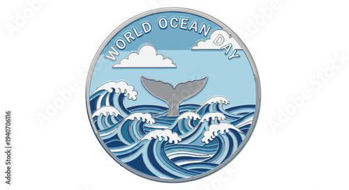 World Ocean Day emblem with whale tail in ocean waves.