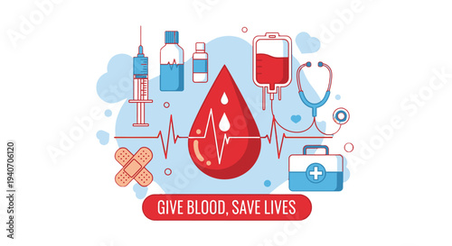 Blood Donation Awareness Campaign Illustration with Medical Icons.