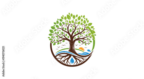 Eco-friendly tree logo with roots and leaves symbolizing nature and sustainability.