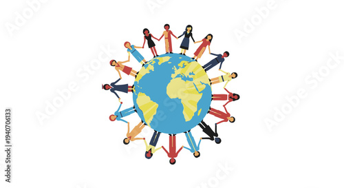 Diverse group of people holding hands around the world symbolizing unity and global connection.