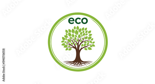 Eco friendly tree logo with green leaves and roots.