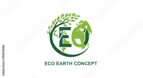 Eco Earth Concept Logo with Green Leaves and Globe.