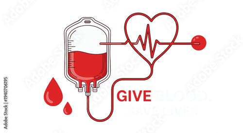 Blood donation illustration with IV bag and heart symbol.
