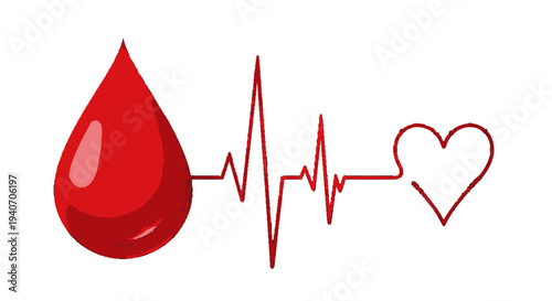 Red blood drop with heartbeat line and heart symbol.