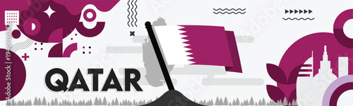 Waving Qatar Flag Illustration with Modern Geometric Abstract Patterns