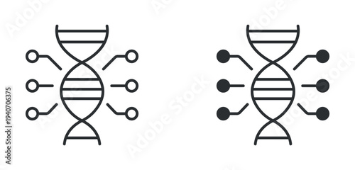 DNA technology icon set, genetic helix with digital network connection symbol, outline and solid silhouette style. Vector illustration.