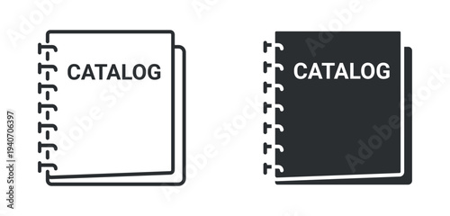 Catalog notebook icon set, spiral bound catalog book symbol, outline and solid silhouette style. Vector illustration.