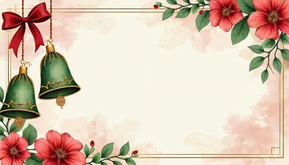 Floral border with hanging green bells and red bow accentuates festive occasion. Elegant card design with watercolor splashes, blank space for text, suitable for invitations and greetings.
