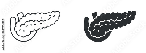 Pancreas organ icon set, human digestive system pancreas symbol, outline and solid silhouette style. Vector illustration.