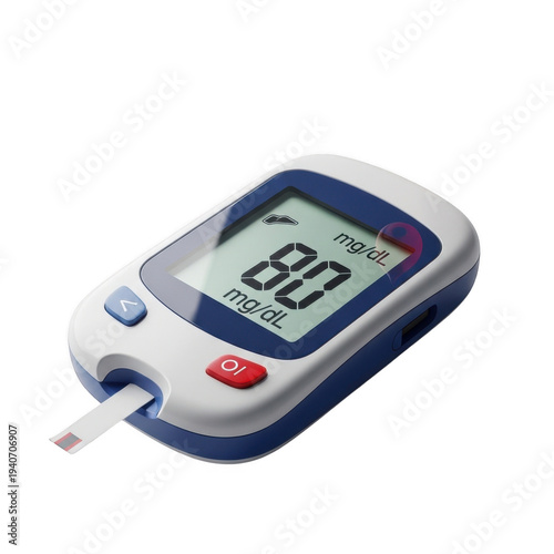 Blood glucose meter with test strip and digital display isolated on transparent background