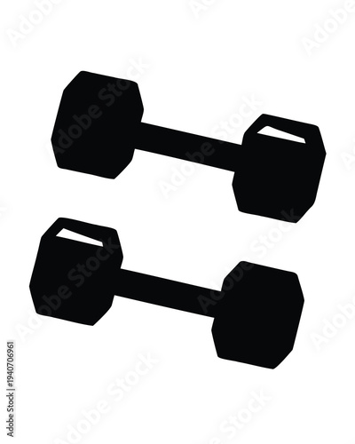 Dumbbell and barbell black silhouette, gym weight equipment vector illustration, dumbbell icon collection Set 