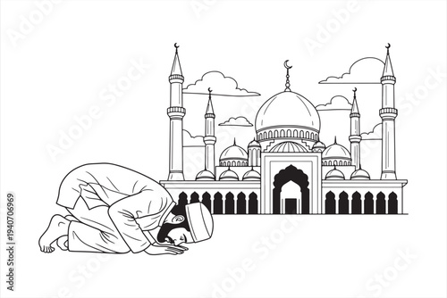 Muslim man praying in front of a mosque with domes and minarets in a beautiful vector graphic illustration.