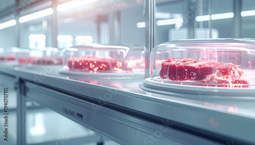 Cultivated meat cells being grown in specialized bioreactors within a modern laboratory setting