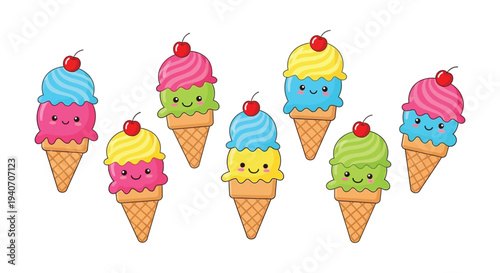 A cheerful arrangement of colorful smiling ice cream cones with happy faces presented as a cute silhouette high quality professional detailed