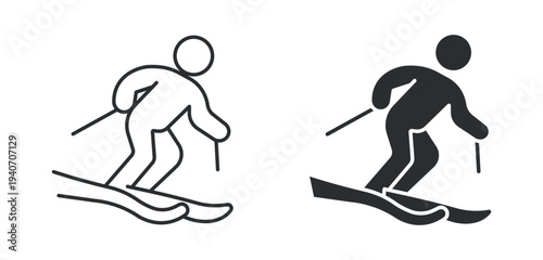 Skier skiing icon set, winter sport downhill skiing activity symbol, outline and solid silhouette style. Vector illustration.