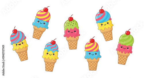 A collection of colorful kawaii style ice cream cones with cheerful faces presented as a sweet silhouette high quality professional detailed modern