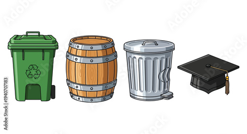 Four isolated containers and a graduation cap are shown in a colorful illustration silhouette high quality professional detailed modern elegant stylish