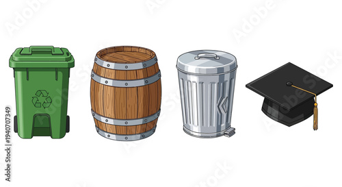 A colorful arrangement of a trash can barrel metal bin and graduation cap in flat silhouette high quality professional detailed modern