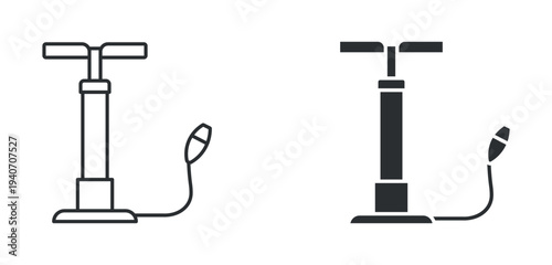 Air pump icon set, manual bicycle tire pump with hose symbol, outline and solid silhouette style. Vector illustration.