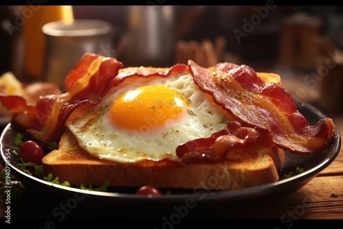 A delicious plate of bacon and an egg on toast. Perfect for a hearty breakfast.