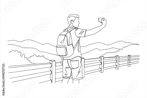 Young man with backpack taking selfie on viewing platform surrounded by mountains and wooden fence in a beautiful landscape scenery illustration