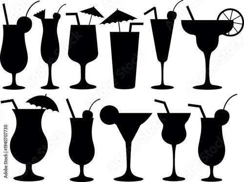 Set of tropical cocktail silhouette icons, assorted summer drink glasses with straws umbrellas and fruit garnish isolated on white background