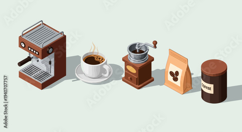 A collection of isometric illustrations depicting various coffee-making equipment and related items, including an espresso machine, a cup of coffee, a coffee grinder, and bags of coffee beans.