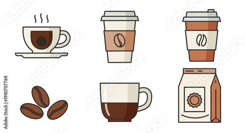A collection of stylized flat design icons representing various coffee-related items, including cups, beans, and packaging.
