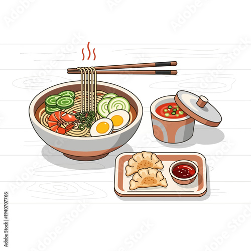 A delicious and appetizing illustration of a steaming bowl of ramen noodles with shrimp, egg, and cucumber, served with dumplings and dipping sauce.