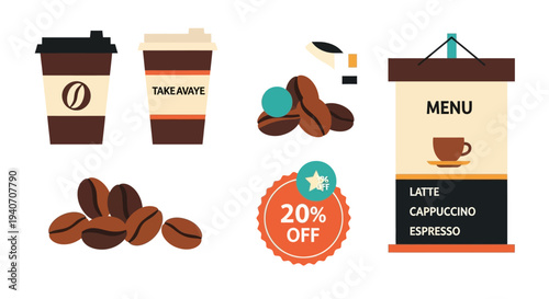A collection of coffee-related icons including coffee cups, beans, a menu, and a discount offer.