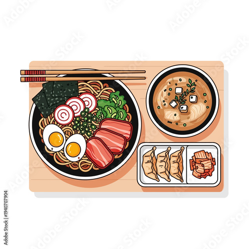 A top-down illustration of a delicious Japanese ramen meal with chopsticks, miso soup, gyoza, and kimchi.