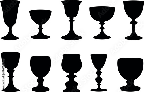 Collection of chalice and goblet silhouette icons, assorted communion cup shapes isolated on white background for church sacrament design