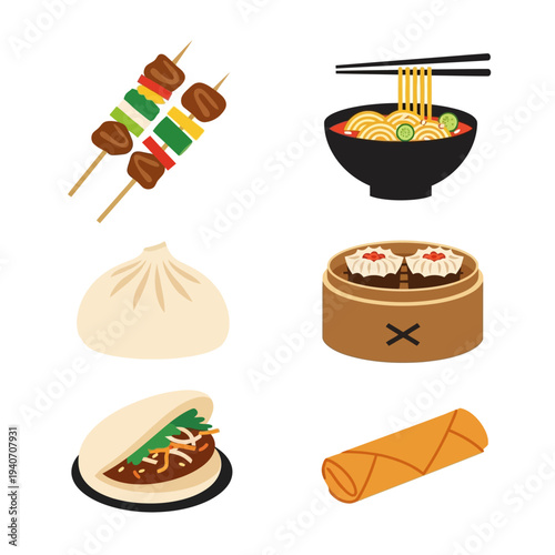 A vibrant collection of popular Asian street food dishes, including skewers, noodles, dumplings, bao buns, and spring rolls, presented in a flat design style.