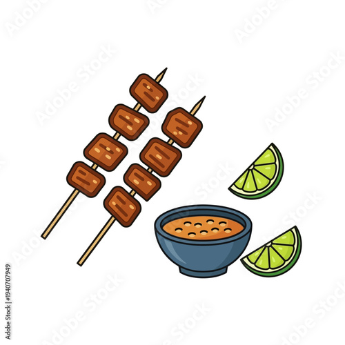 Two skewers of grilled meat cubes served with a small bowl of dipping sauce and two lime wedges, presented in a simple, flat illustration style.