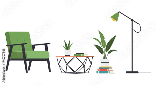 A modern living space featuring a green armchair lamp plants and a side table silhouette high quality professional detailed elegant stylish