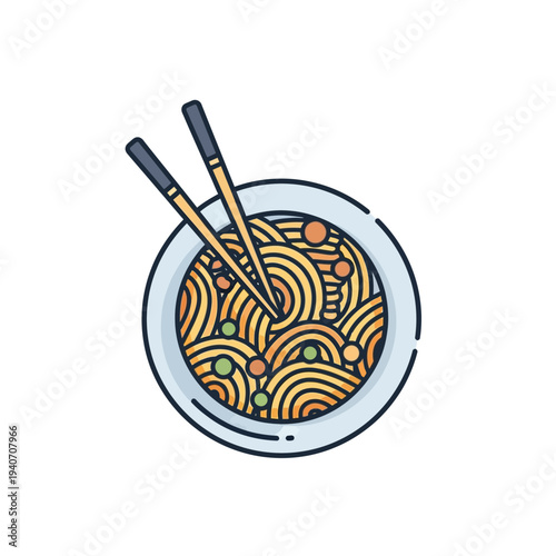 A top-down illustration of a bowl of delicious noodles with chopsticks resting on top, showcasing a vibrant and appetizing meal.