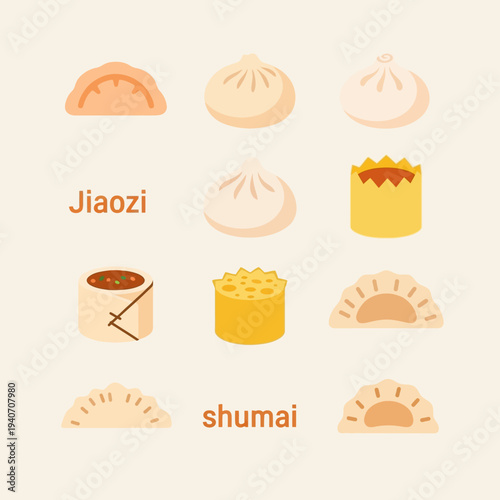A delightful illustration showcasing a variety of delicious dumplings and dim sum items, including jiaozi and shumai, presented in a charming flat design style.