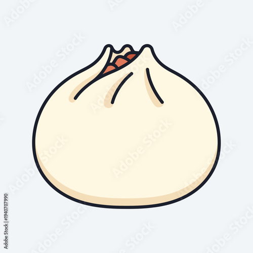 A simple, stylized illustration of a single, plump, steamed bao bun with a slightly open top revealing a hint of filling.