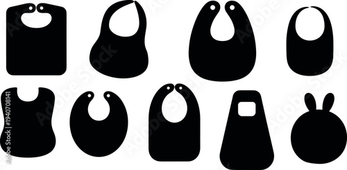 Set of baby bib silhouette icons, assorted infant feeding bib shapes isolated on white background for nursery childcare design collection