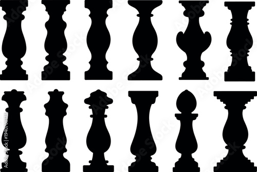 Set of decorative wooden stair baluster and newel post silhouettes isolated on background for classic staircase railing interior design