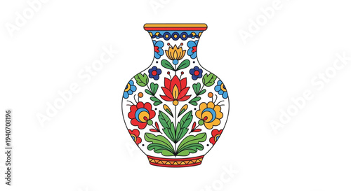 A colorful ornate ceramic vase with floral patterns is presented against a white background a striking silhouette high quality professional detailed