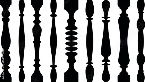 Collection of wooden stair baluster silhouettes isolated on background, decorative railing spindle shapes for staircase, interior architecture, and classic design