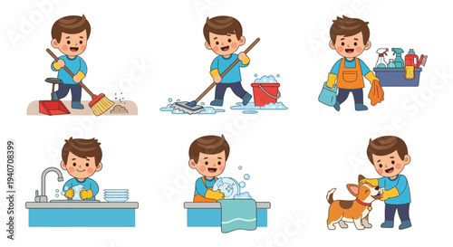 A series of cartoon boys performing various household chores like sweeping mopping and washing dishes silhouette high quality professional detailed