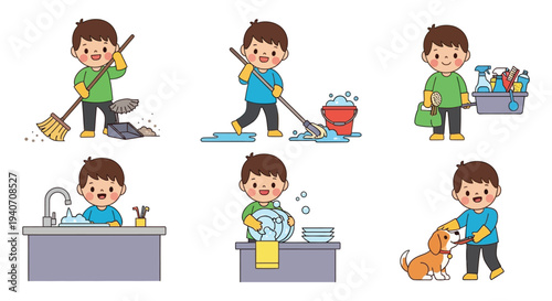 A cheerful illustration depicts children performing various household chores with enthusiasm and a clean aesthetic silhouette high quality professional detailed modern
