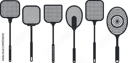 Collection of fly swatter silhouettes isolated on background, various mosquito and insect swatter rackets representing household pest control tools