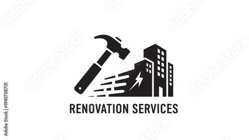 A  logo featuring a hammer and buildings, representing renovation services, construction and repair. Ideal for companies offering building renovation, repair and construction services.